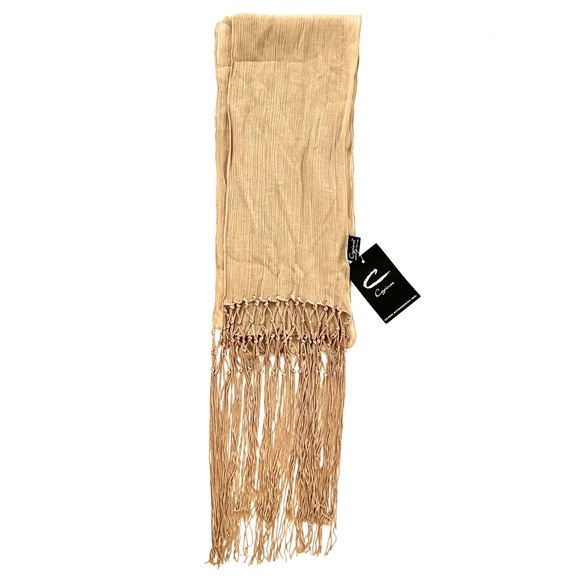 Cejon Semi Sheer Taupe/Tan/Khaki Scarf with Crochet Knotted Fringe- NWT - Picture 7 of 8